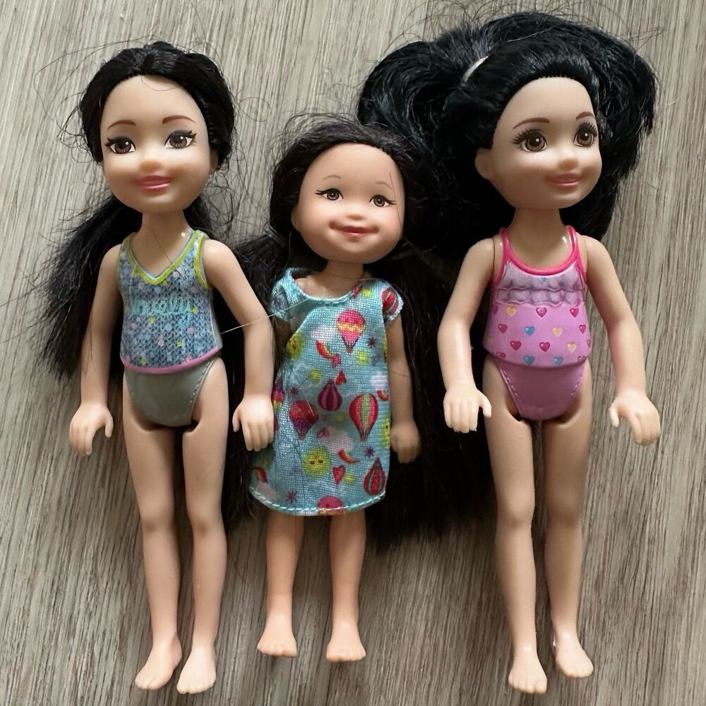 Lot of 3 Barbie Little Sister Chelsea Friends Asian Dolls with Black Hair
